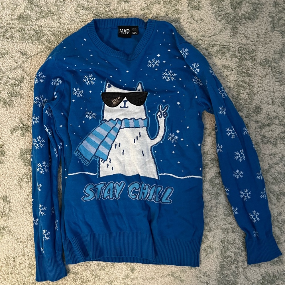 MAD Engine Blue and White Crewneck Sweater with Cat Design